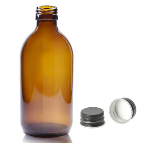 40x 300ml Amber Glass Medicine Bottle - Aluminium Black Cap