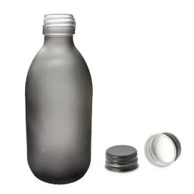 40x 300ml Grey Frosted Glass Medicine Bottle (Gbot-35) - Aluminium Black Cap