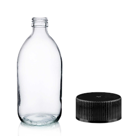 40x 300ml Clear Glass Medicine Bottle with Black Plastic Cap